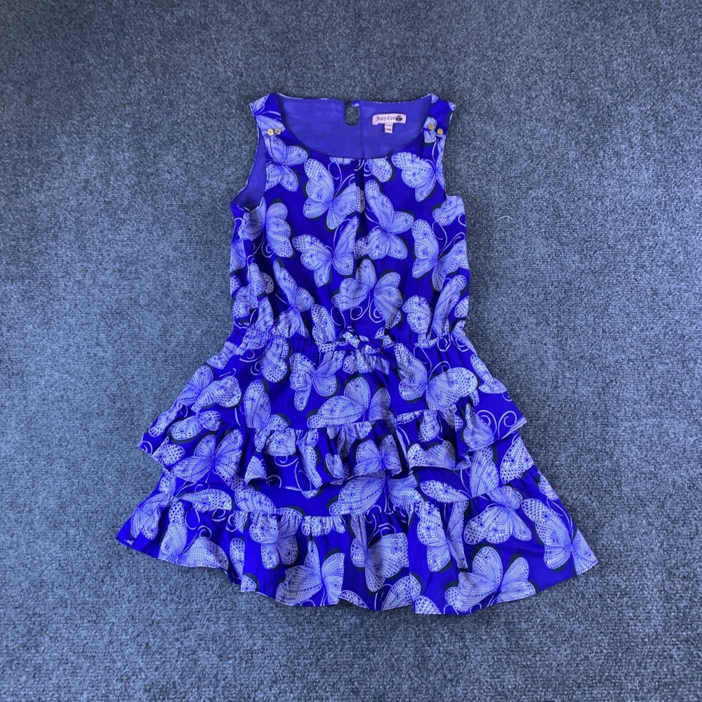 Juicy Couture Tiered Dress Girls 8/10 Blue White Butterfly Print Sleeveless